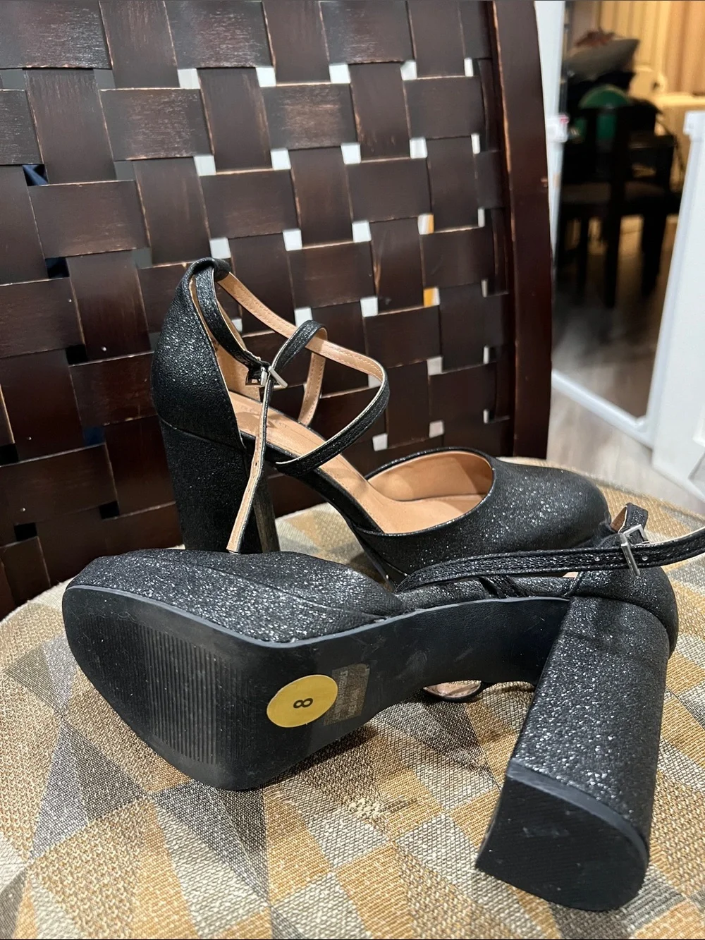 Report Black Glitter Platform Mary Jane Block Heels